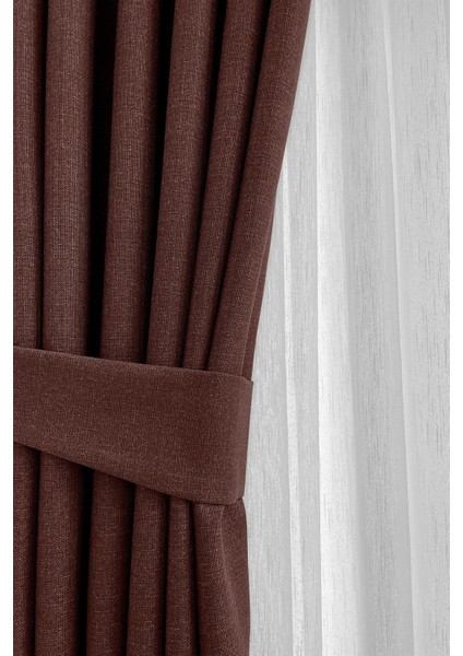 Kahverengi Şık Doğal Keten Fon Perde - Tek Kanat ve Bağlama Koluyla Beraber