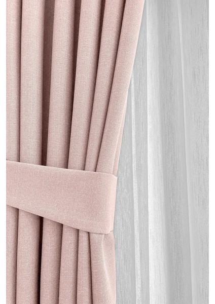 Pudra Şık Doğal Keten Fon Perde - Tek Kanat ve Bağlama Koluyla Beraber