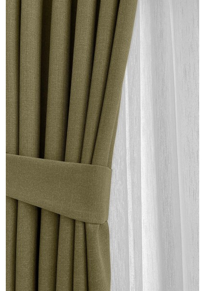 Haki Şık Doğal Keten Fon Perde - Tek Kanat ve Bağlama Koluyla Beraber