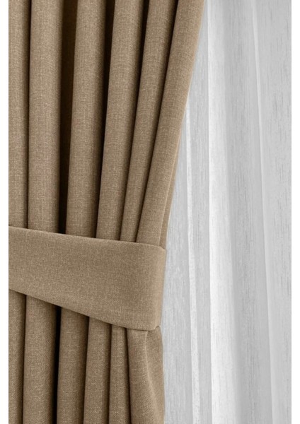Bej Şık Doğal Keten Fon Perde - Sık Pileli Tek Kanat + Bağlama Kolu