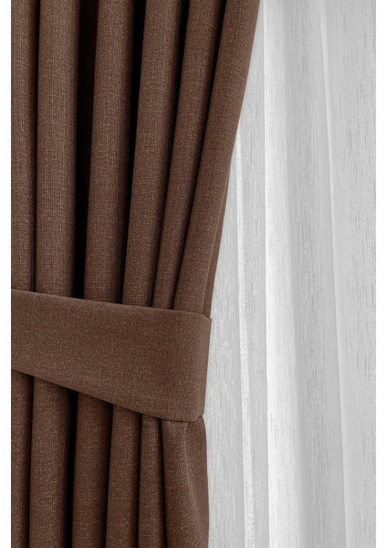 Sütlü Kahve Şık Doğal Keten Fon Perde - Tek Kanat ve Bağlama Koluyla Beraber