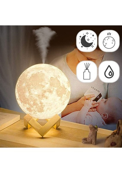 3 Renkli Ay Işığı Gece Lambası Ve Hava Oda Nemlendirici Buhar Makinesi Cihazı 880 Ml Su Hazneli