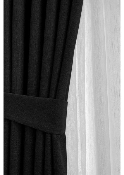 Siyah Şık Doğal Keten Fon Perde - Tek Kanat ve Bağlama Koluyla Beraber