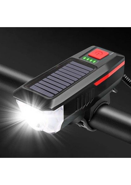 Solar Bisiklet Işığı Ön Farı Bisiklet Kornası Su Geçirmez Güneş Enerjili USB Şarjlı Ön Feneri