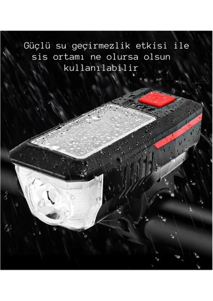 Solar Bisiklet Işığı Ön Farı Bisiklet Kornası Su Geçirmez Güneş Enerjili USB Şarjlı Ön Feneri