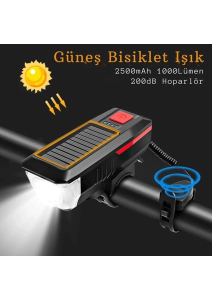 Solar Bisiklet Işığı Ön Farı Bisiklet Kornası Su Geçirmez Güneş Enerjili USB Şarjlı Ön Feneri