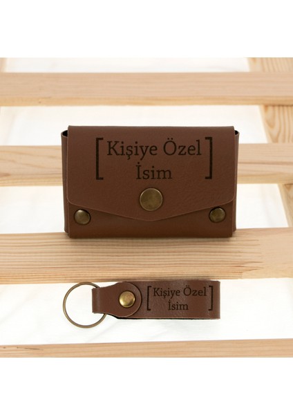 Kahve Renk Isme Özel Yüksek Kalite Bozuk Para Cüzdanı ve Anahtarlık Seti, Kişisel Aksesuar