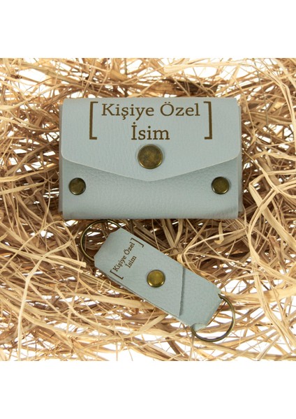 Gri Renk Isme Özel Deri Cüzdan ve Anahtarlık Takım, Yüksek Kalite Aksesuar