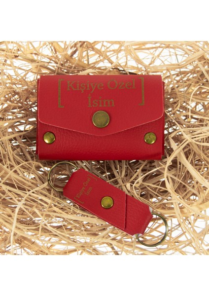 Kırmızı Renk Isme Özel Deri Cüzdan ve Anahtarlık Takım, Yüksek Kalite Aksesuar