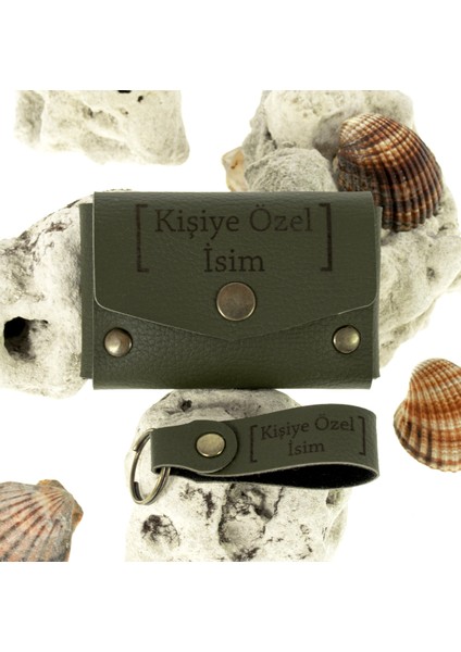 Koyu Yeşil Renk, Isme Özel Yüksek Kalite Bozuk Para Cüzdanı ve Anahtarlık Seti, Kişisel Aksesuar