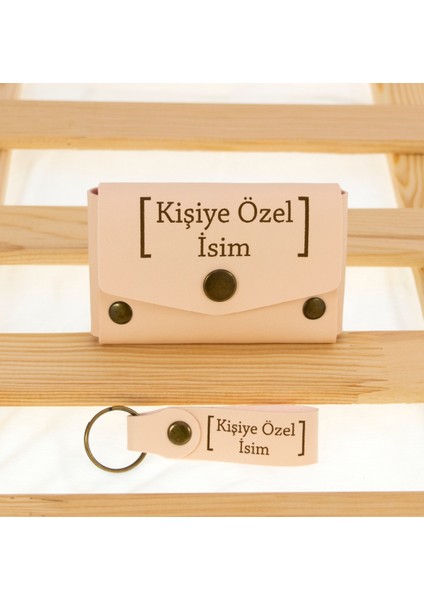 Pudra Renk Isme Özel Yüksek Kalite Bozuk Para Cüzdanı ve Anahtarlık Seti, Kişisel Aksesuar