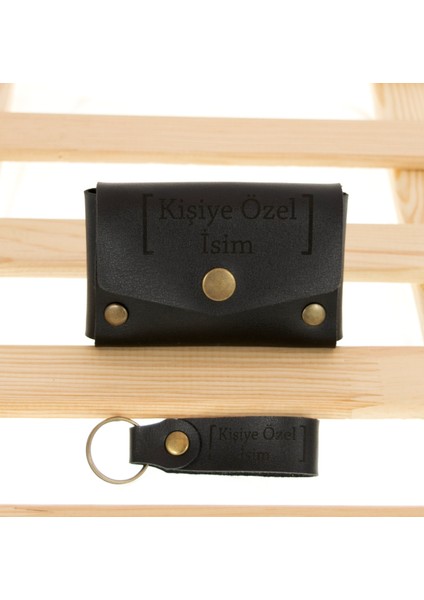 Siyah Renk Isme Özel Yüksek Kalite Bozuk Para Cüzdanı ve Anahtarlık Seti, Kişisel Aksesuar