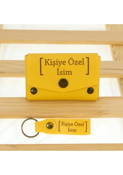 Sarı Renk Isme Özel Yüksek Kalite Bozuk Para Cüzdanı ve Anahtarlık Seti, Kişisel Aksesuar
