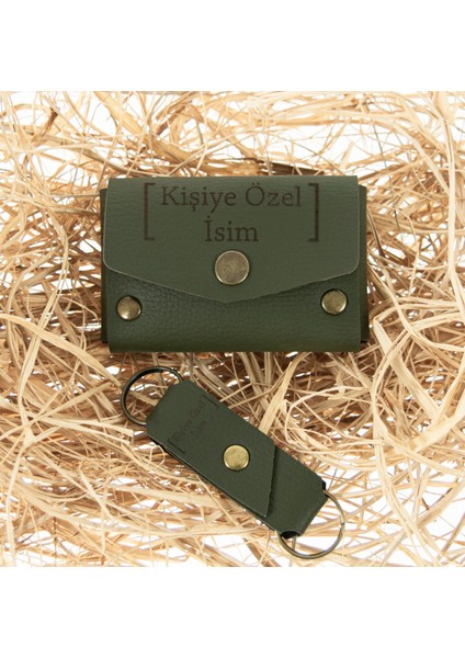 Yeşil Renk Isme Özel Deri Cüzdan ve Anahtarlık Takım, Yüksek Kalite Aksesuar