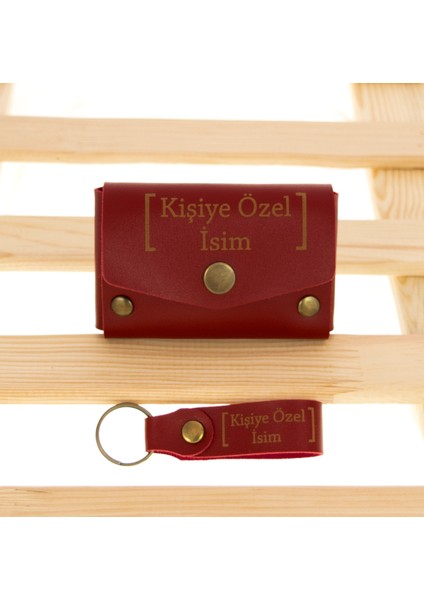 Bordo Renk Isme Özel Yüksek Kalite Bozuk Para Cüzdanı ve Anahtarlık Seti, Kişisel Aksesuar