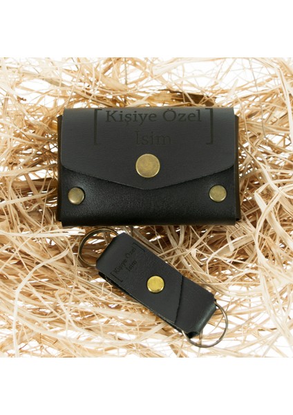 Siyah Renk Isme Özel Deri Cüzdan ve Anahtarlık Takım, Yüksek Kalite Aksesuar