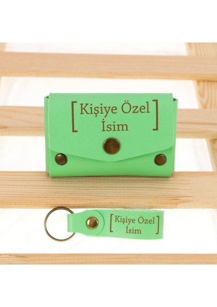 Fıstık Yeşil Renk, Isminize Özel Deri Bozuk Para Çantası ve Anahtarlık Seti, Kişisel Aksesuar