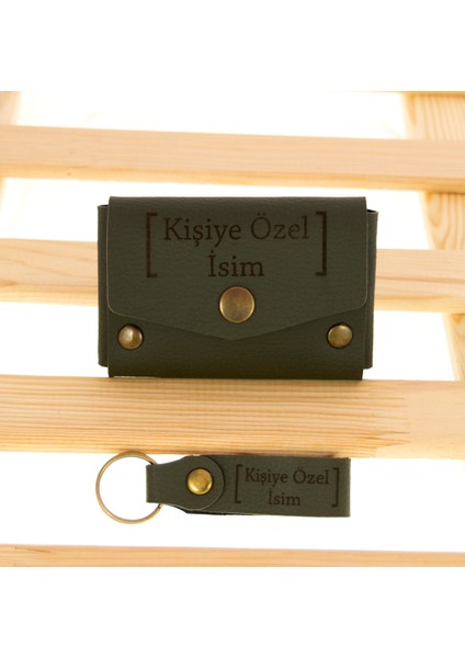 Yeşil Renk Isminize Özel Yüksek Kalite Bozuk Para Cüzdanı ve Anahtarlık Seti, Kişisel Aksesuar