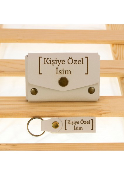 Taş Rengi Isme Özel Yüksek Kalite Bozuk Para Cüzdanı ve Anahtarlık Seti, Kişisel Aksesuar
