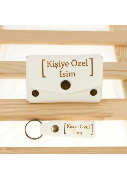 Beyaz Renk Isme Özel Yüksek Kalite Bozuk Para Cüzdanı ve Anahtarlık Seti, Kişisel Aksesuar