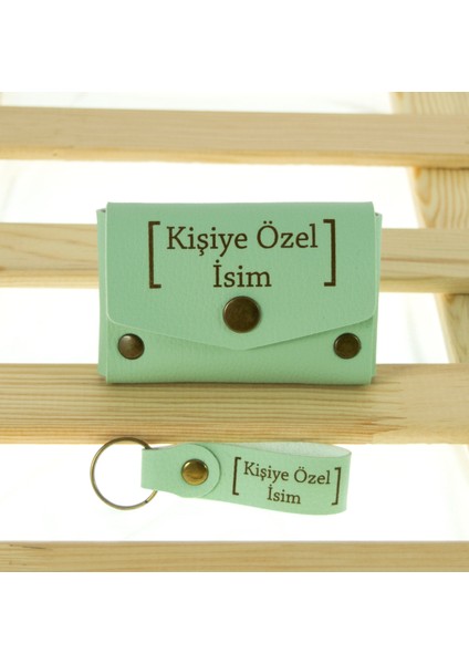 Açık Yeşil Renk Isme Özel Yüksek Kalite Bozuk Para Cüzdanı ve Anahtarlık Seti, Kişisel Aksesuar