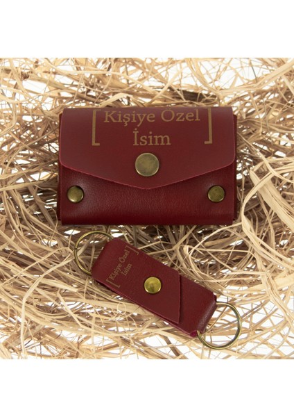 Bordo Renk Isme Özel Deri Cüzdan ve Anahtarlık Takım, Yüksek Kalite Aksesuar