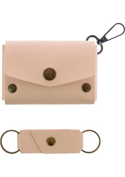 Pudra Renk Deri Kancalı Bozuk Para Cüzdan Seti, Özel Günler Için En Iyi Hediye