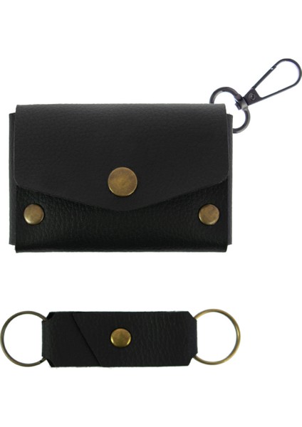 Mat Siyah Renk Deri Kancalı Bozuk Para Cüzdan Seti, Özel Günler Için En Iyi Hediye