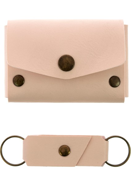 Pudra Renk Deri Cüzdan ve Anahtarlık Takımı, Yüksek Kalite Aksesuar