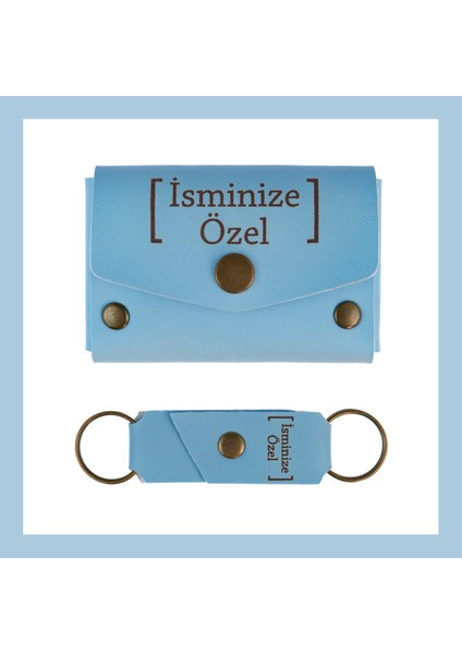 Açık Mavi, Isme Özel Cüzdan ve Anahtarlık Set, Kişisel Hediyelik Şık Deri Cüzdan & Anahtarlık Takım