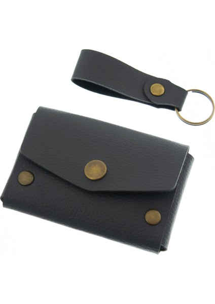 Mat Lacivert Renk Deri Cüzdan ve Anahtarlık Seti, Yüksek Kalite Hediyelik Ürün Seti