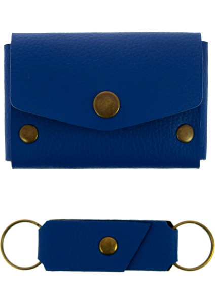Saks Mavisi Renk Deri Cüzdan ve Anahtarlık Takımı, Yüksek Kalite Aksesuar
