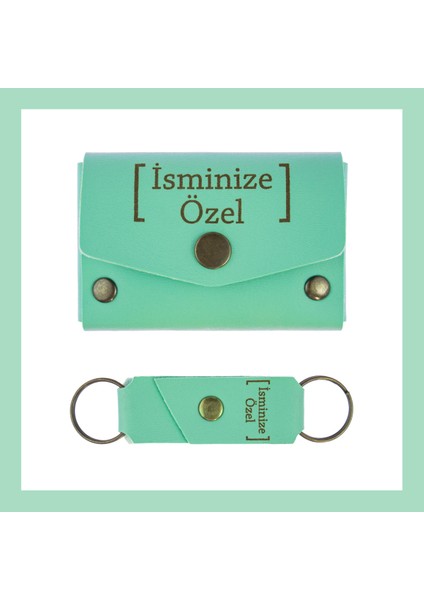 Açık Yeşil, Isminize Özel Kişiselleştirilebilir Cüzdan ve Anahtarlık Set, Unutulmaz Hediyelik Takım