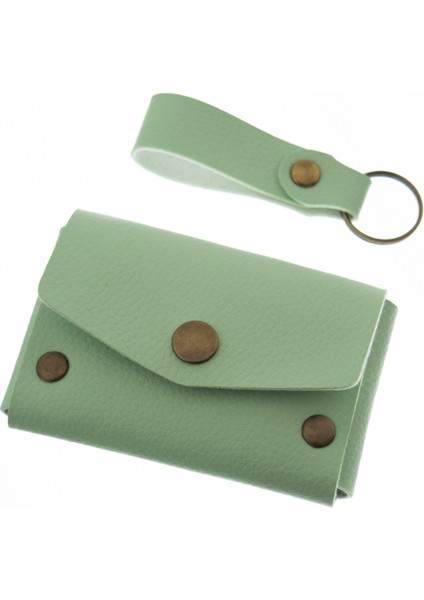 Açık Yeşil Renk Deri Cüzdan ve Anahtarlık Seti, Yüksek Kalite Hediyelik Ürün Seti