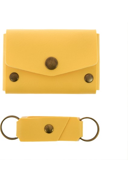 Sarı Renk Deri Cüzdan ve Anahtarlık Takımı, Yüksek Kalite Aksesuar