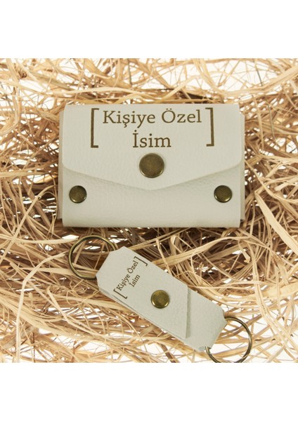 Taş Renk Isme Özel Deri Cüzdan ve Anahtarlık Takım, Yüksek Kalite Aksesuar
