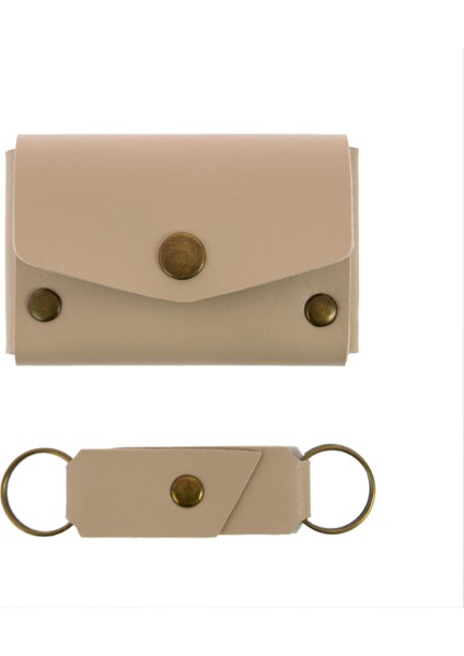 Sütlü Kahve Renk Deri Cüzdan ve Anahtarlık Takımı, Yüksek Kalite Aksesuar