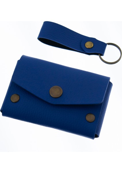 Saks Mavisi Renk Deri Cüzdan ve Anahtarlık Seti, Yüksek Kalite lik Ürün Seti