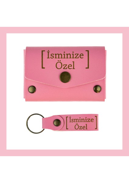 Pembe Renk, Adınıza Özel Cüzdan ve Anahtarlık Set, Hediyelik Şık Deri Cüzdan & Anahtarlık Takım