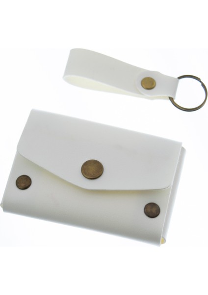 Beyaz Renk Deri Cüzdan ve Anahtarlık Seti, Yüksek Kalite Hediyelik Ürün Seti