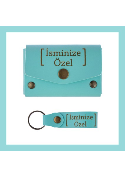 Turkuaz, Isminize Özel Cüzdan ve Anahtarlık Set, Kişisel Hediyelik Şık Deri Cüzdan & Anahtarlık Set