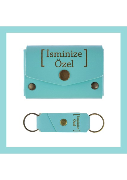 Turkuaz, Isme Özel Cüzdan ve Anahtarlık Set, Kişisel Hediyelik Şık Deri Cüzdan & Anahtarlık Takım