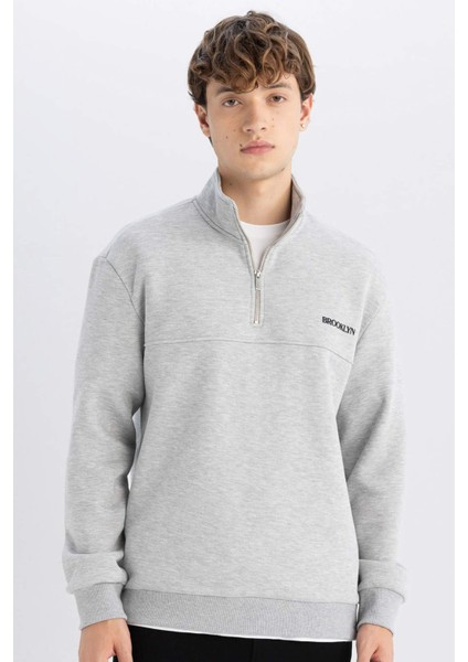Relax Fit Fermuarlı Dik Yaka Baskılı Kalın Sweatshirt D2165AX24AU
