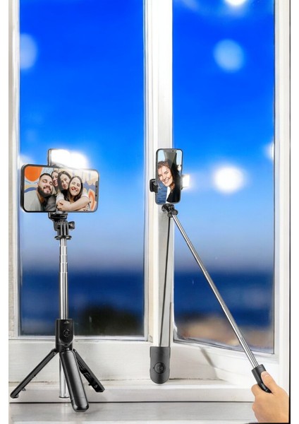 Selfie Çubuğu Tripod Kumandalı Telefon Tutucu Siyah