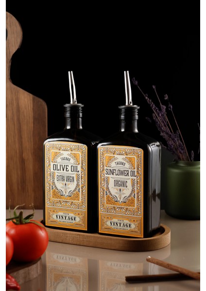 500 ml Amber Renkli Ahşap Stantlı Premium Vintage Zeytinyağı Şişesi ve Ayçiçek Yağı Şişesi