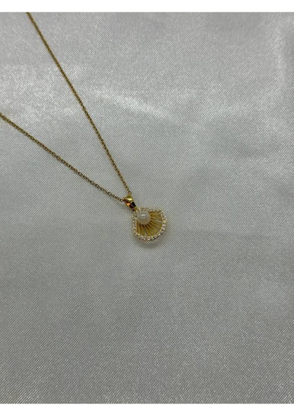 Zirkon Taşlı Incili Istiridye Çelik Kolye Gold