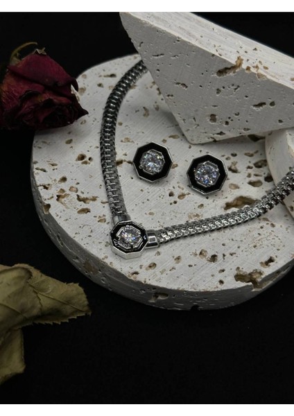 Ezme Zincir Zirkon Taş Detaylı Serenay Kolye ve Küpe Seti (Silver)