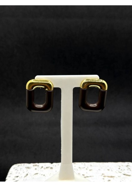 Gold Detaylı Kahverengi Küpe