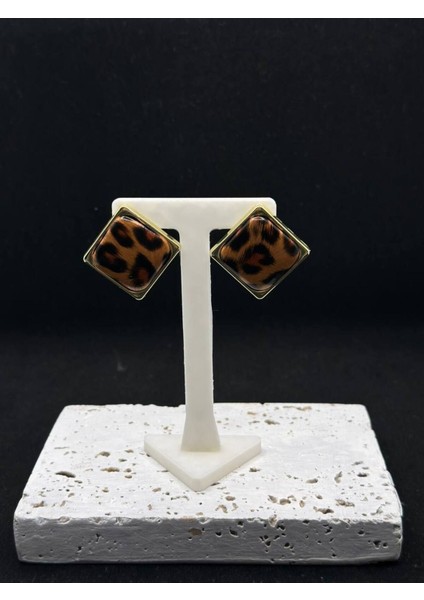 Gold Kare Kenarlı Leopar Desenli Küpe
