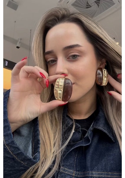 Tasarım Gold Detay Vintage Kahverengi Küpe modelleri